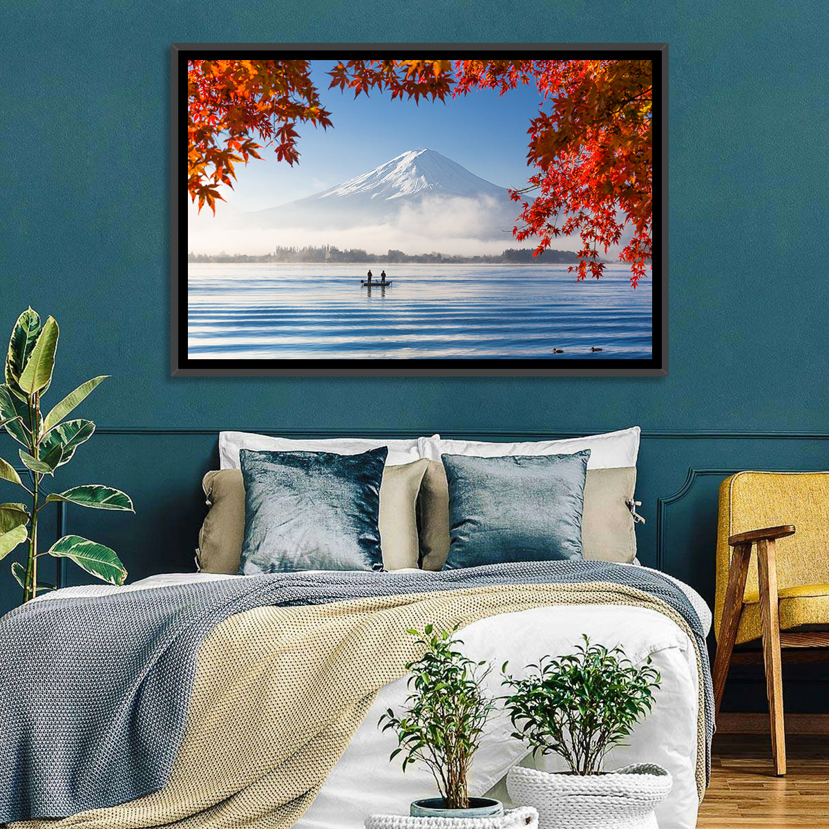 Mount Fuji Over Lake Kawaguchiko Wall Art in a room, landscape