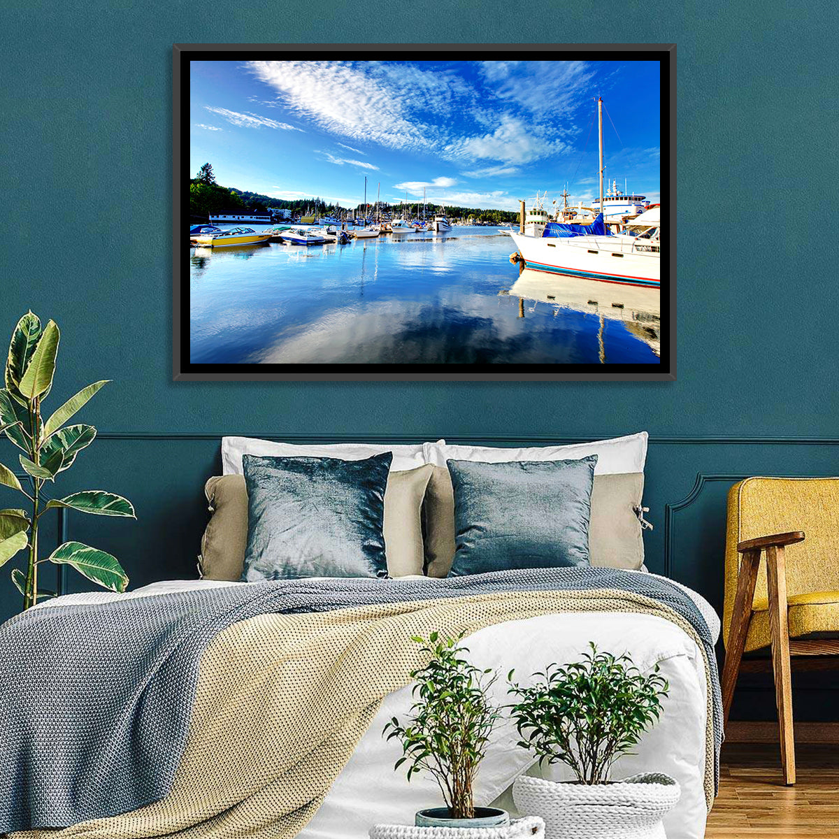 Tacoma Marina Reflections Wall Art in a room, landscape