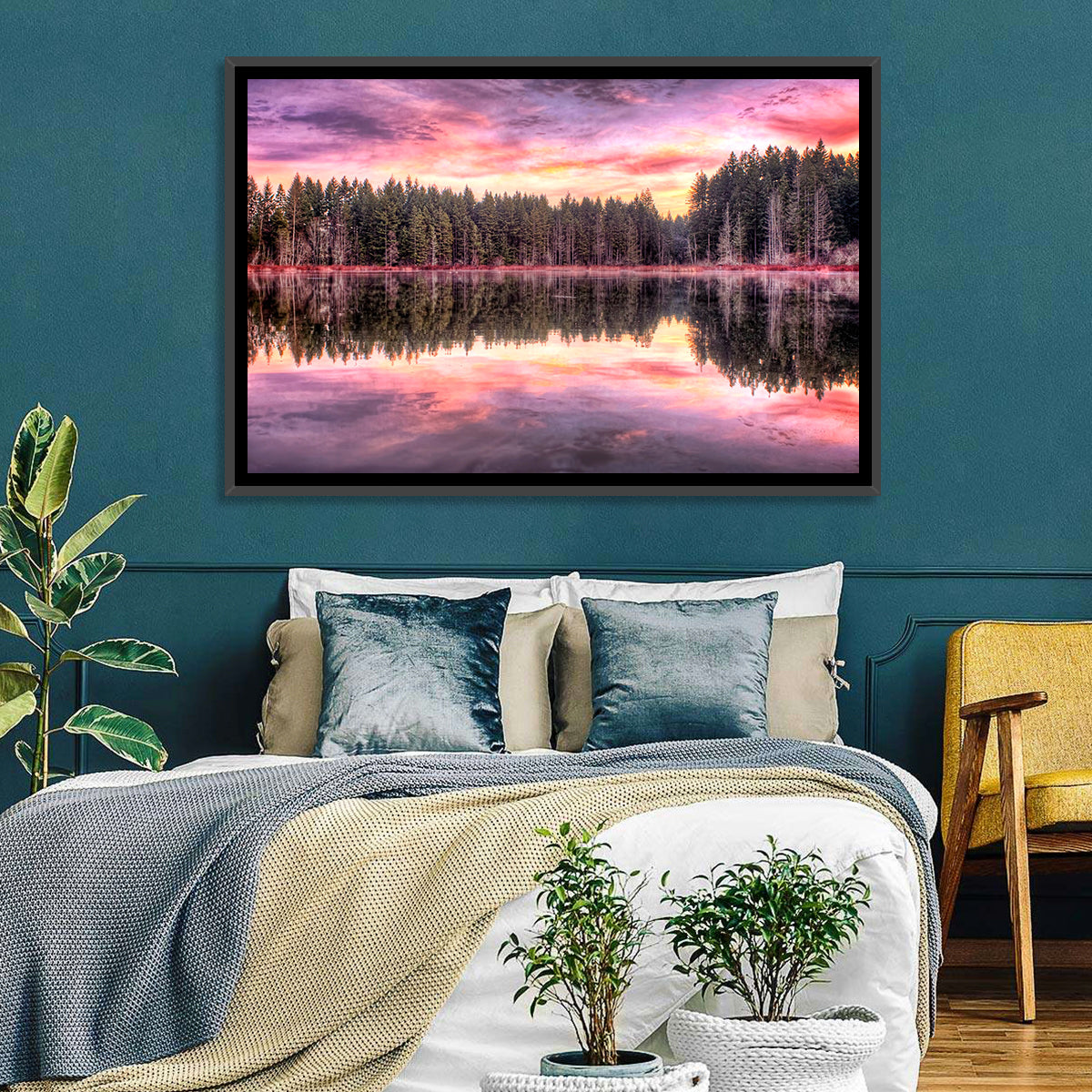 Sunrise Reflection at Forest Lake Wall Art in a room, landscape