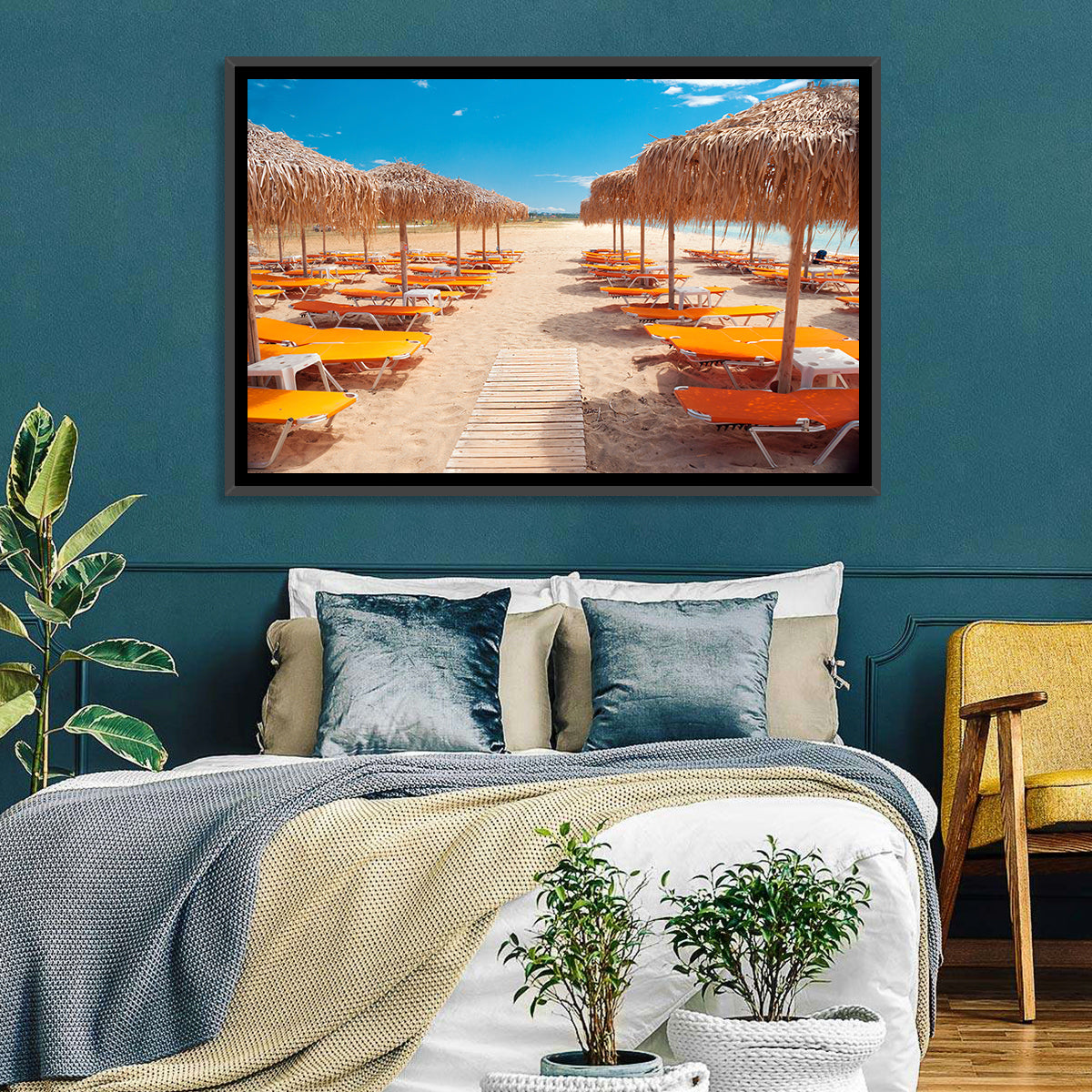 Beach Boardwalk with Orange Loungers Wall Art in a room, landscape