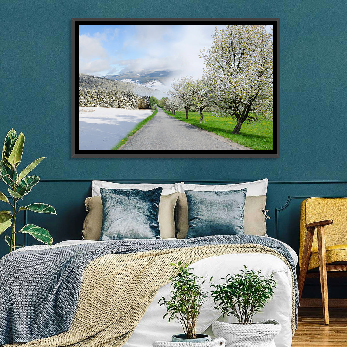 Season Change Road to Snowy Mountain Wall Art in a room, landscape