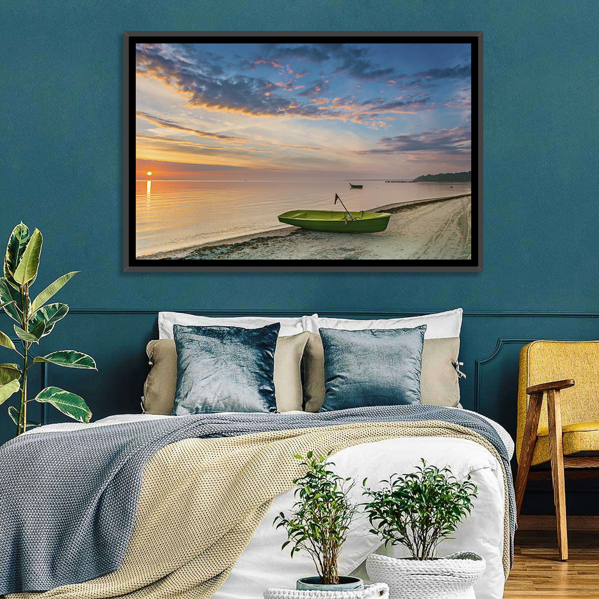 Green Rowboat at Sunrise Wall Art in a room, landscape