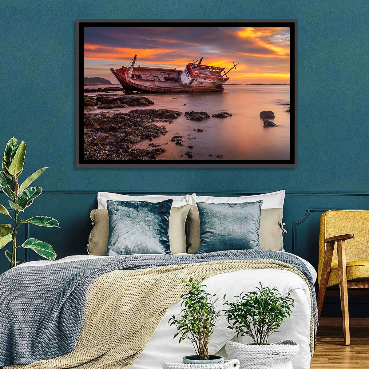 Shipwreck at Sunset Wall Art in a room, landscape