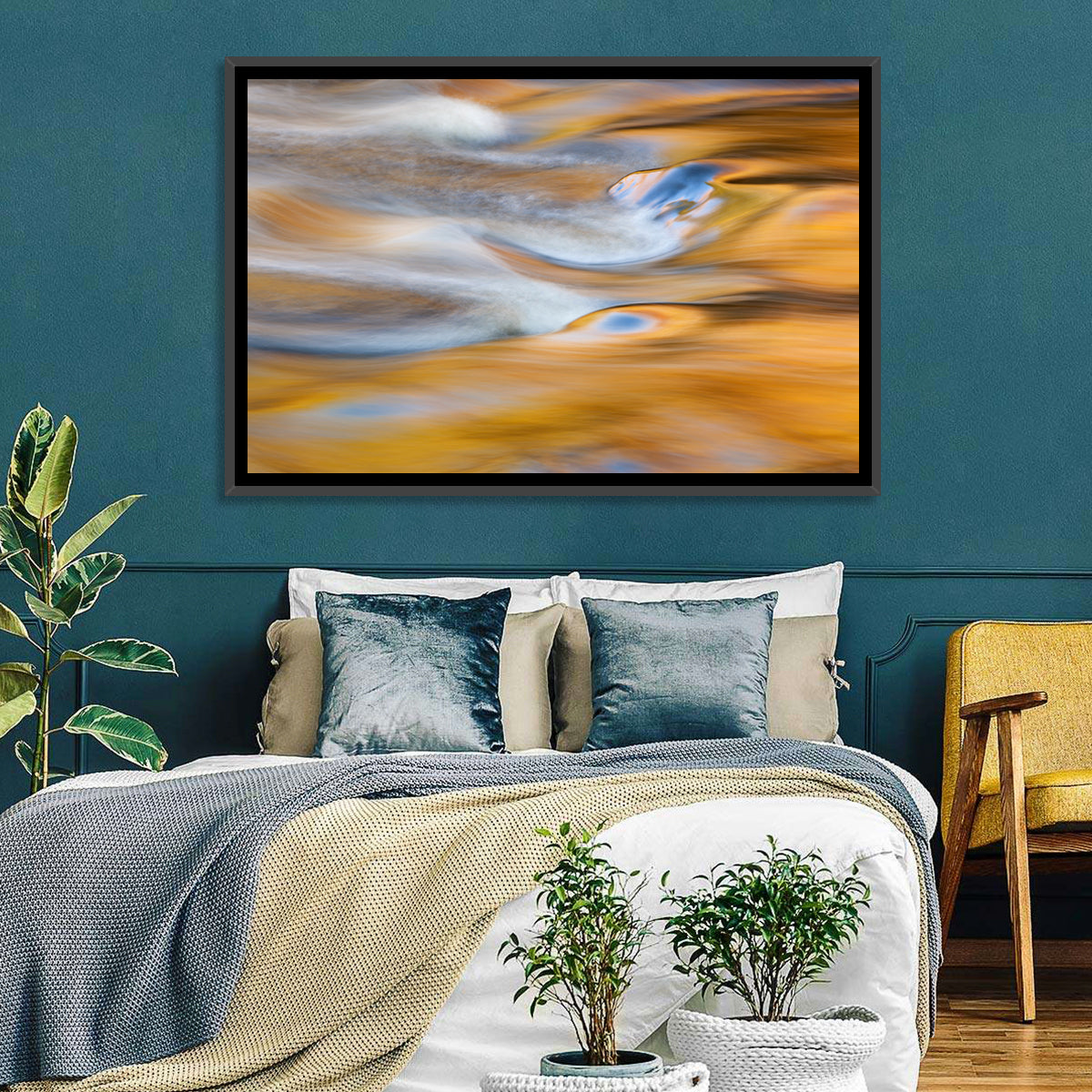 Golden Water Abstraction Wall Art in a room, landscape
