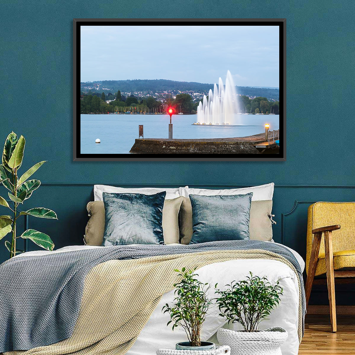 Lake Zurich Fountain at Dusk Wall Art