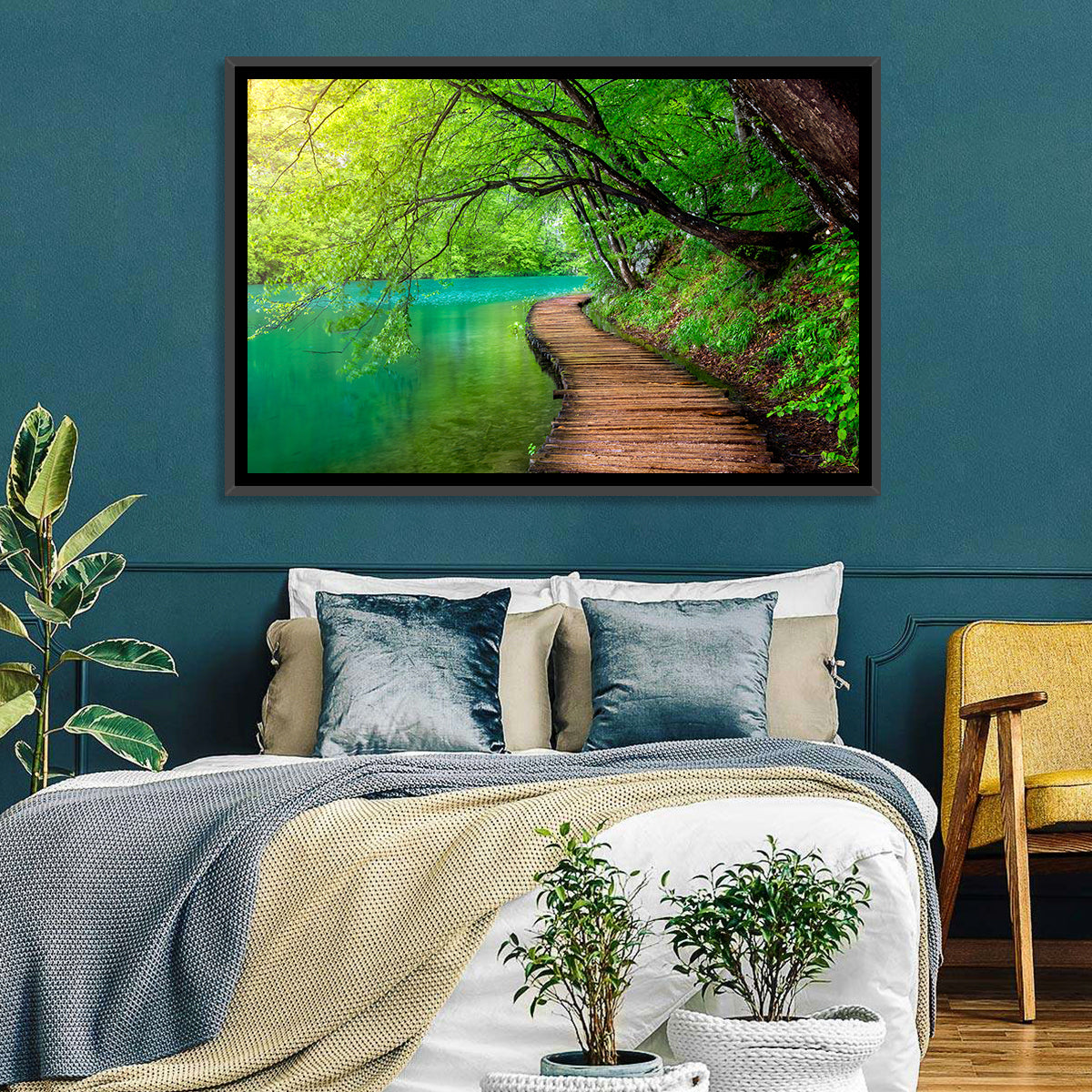 Plitvice Lakes Boardwalk Wall Art in a room, landscape