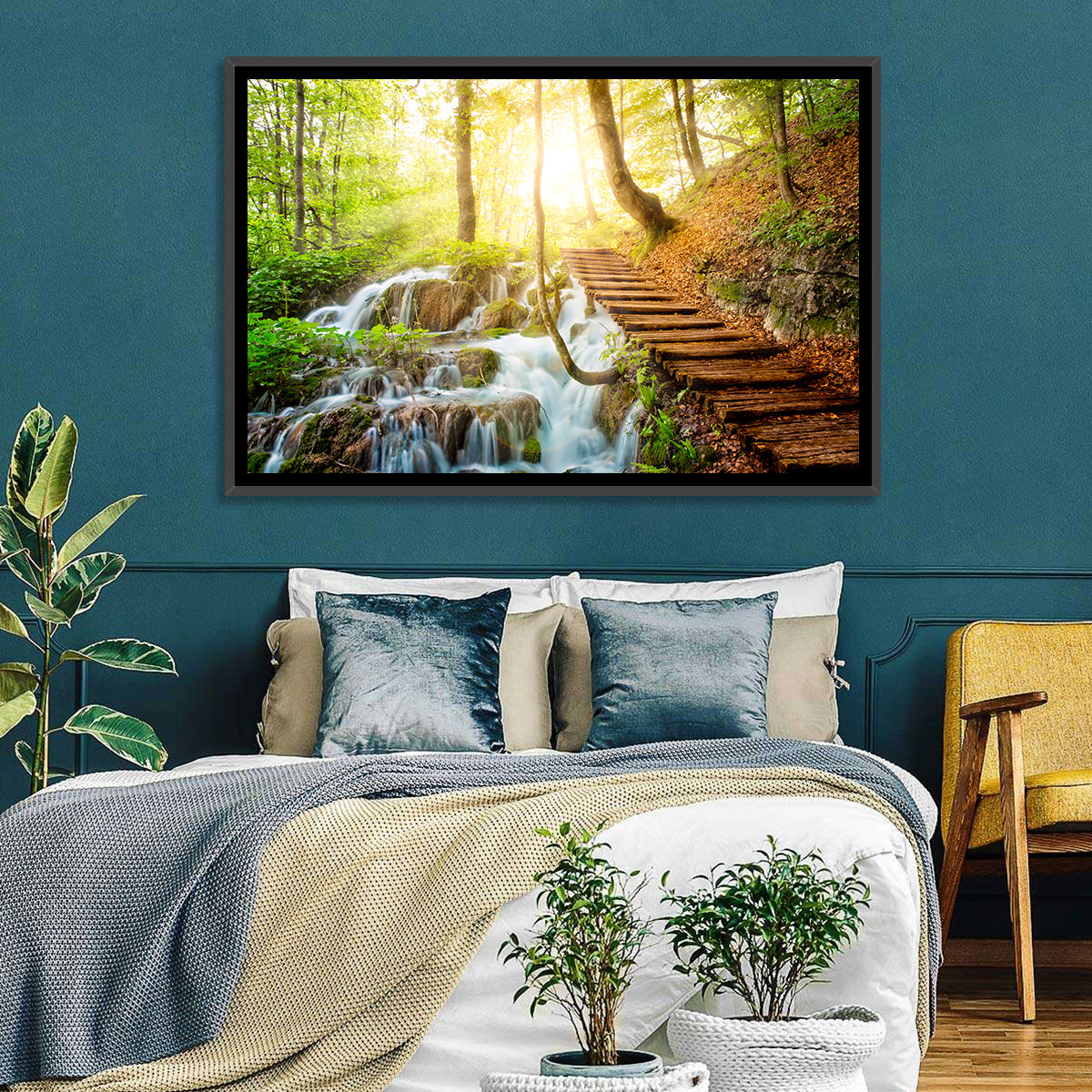 Plitvice Lakes Walkway Wall Art in a room, landscape