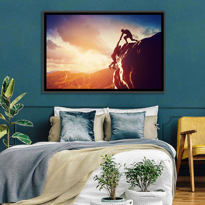 Two Hikers Summit Assist at Sunset Wall Art