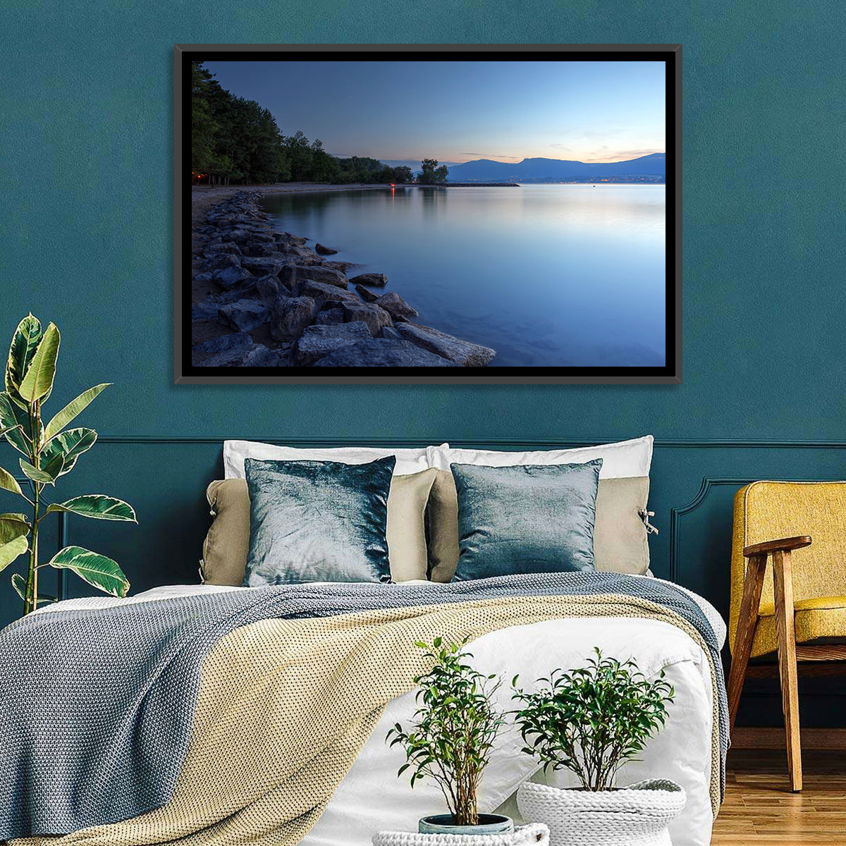 Lake Neuchatel Twilight Wall Art in a room, landscape