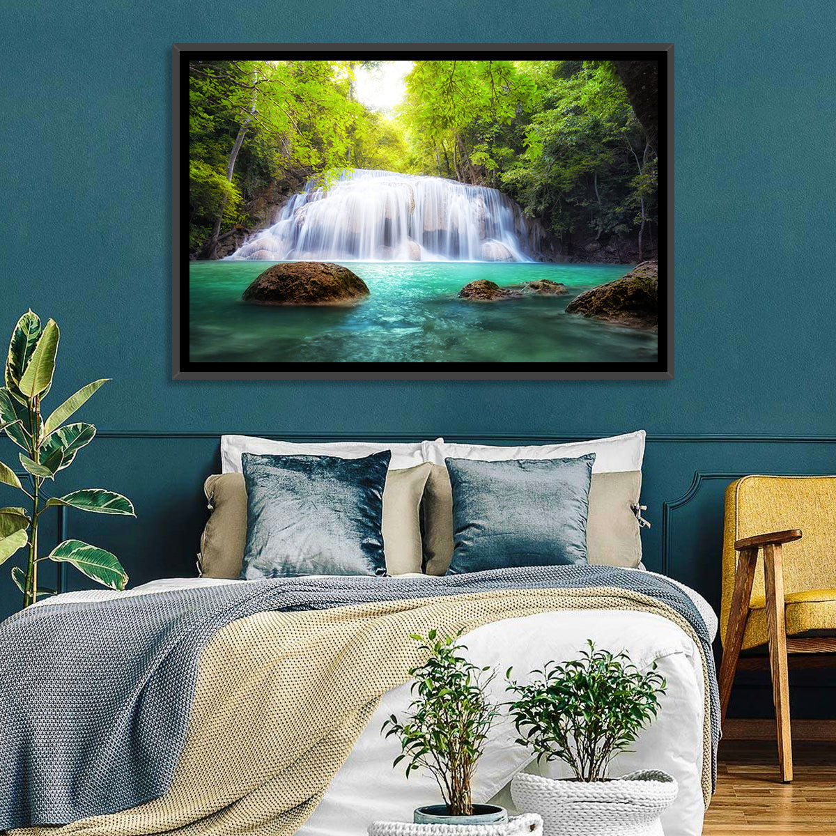 Erawan Falls Turquoise Waterfall Wall Art in a room, landscape