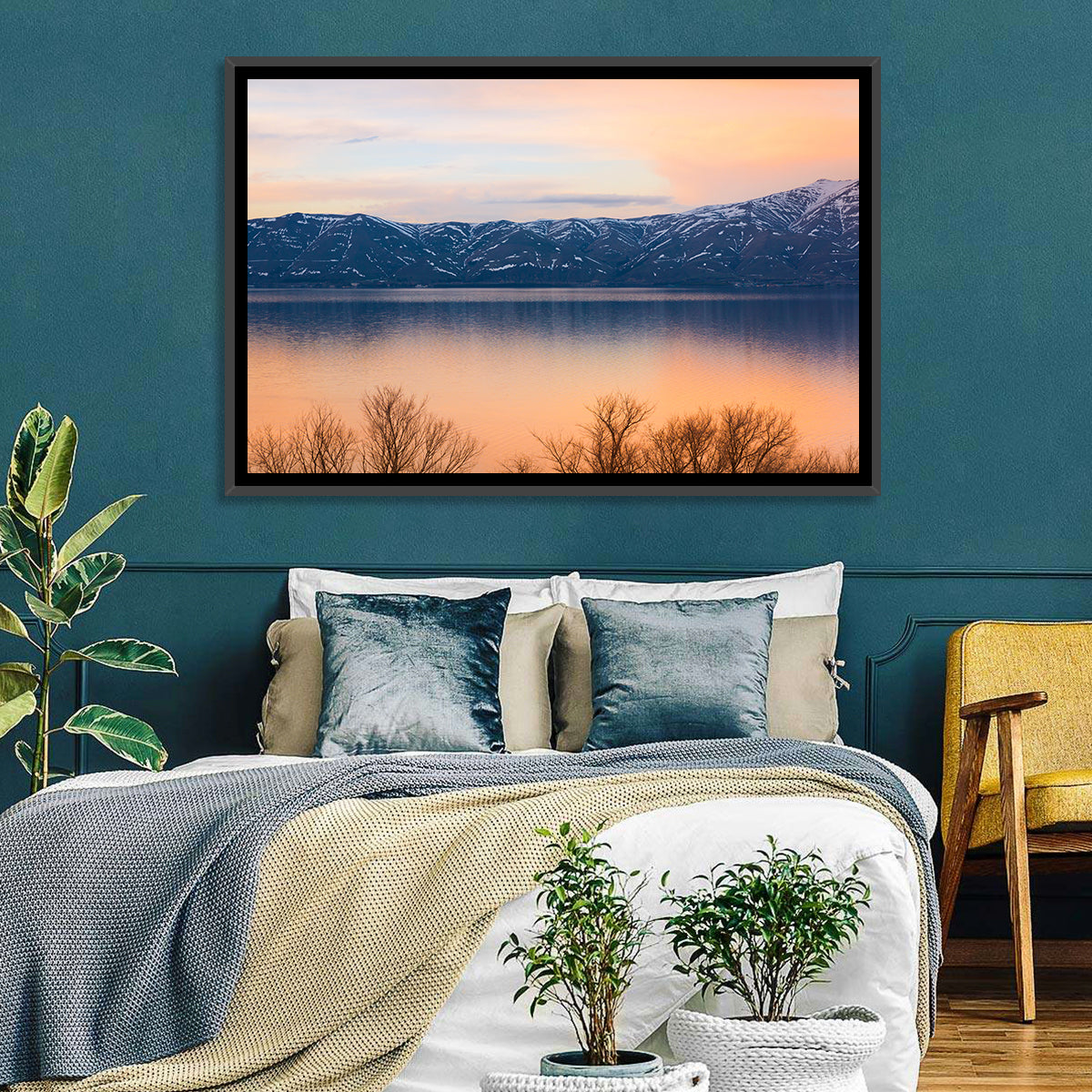 Lake Sevan Golden Dusk Wall Art in a room, landscape