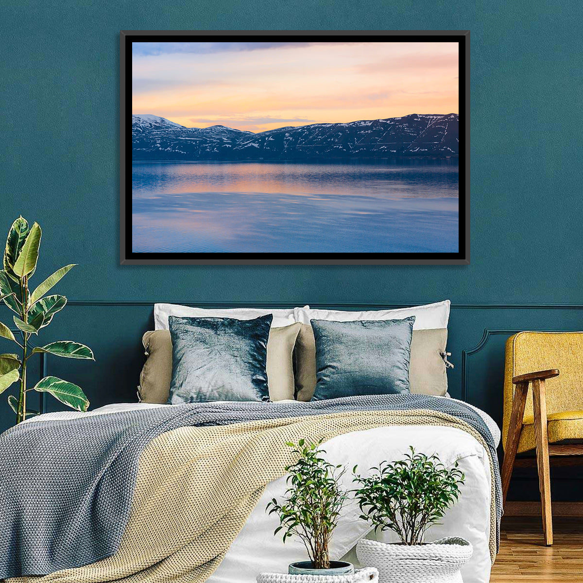 Lake Sevan Evening Reflection Wall Art in a room, landscape