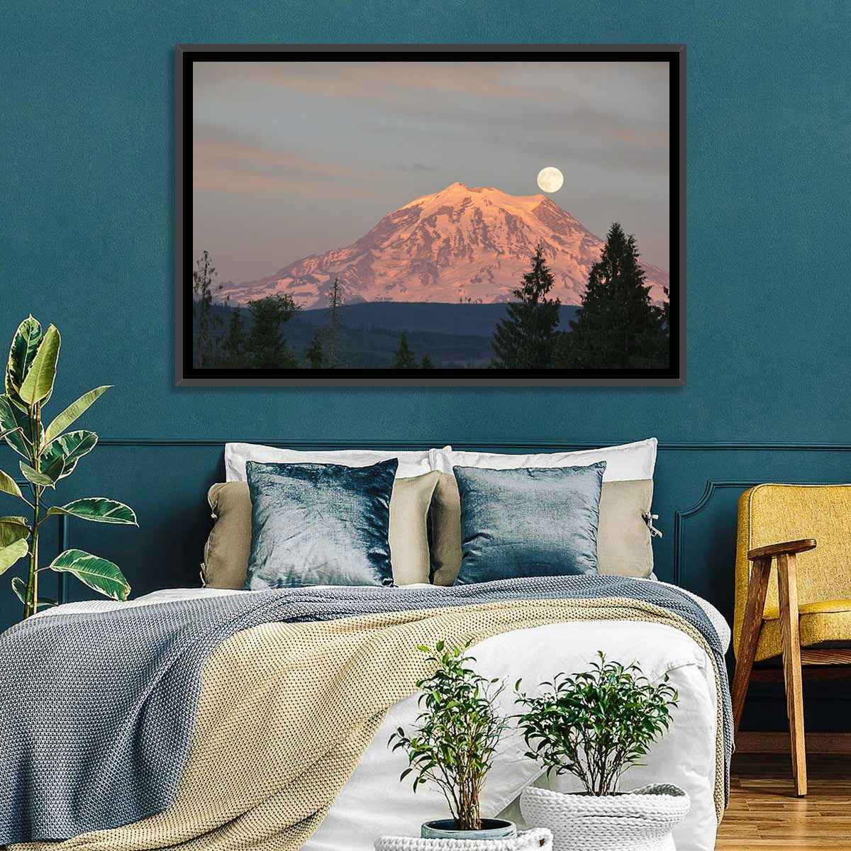 Mount Rainier Alpenglow with Full Moon Wall Art