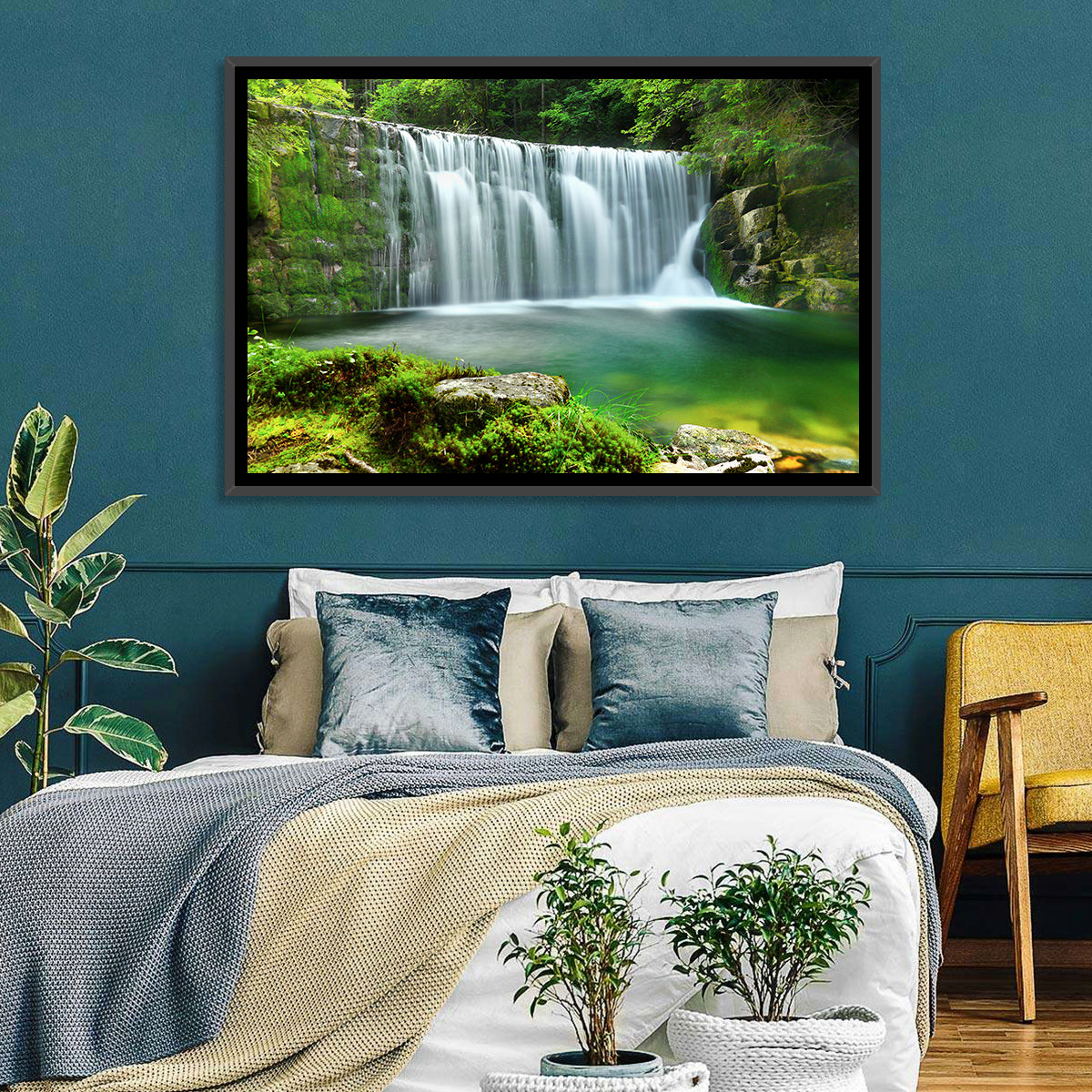 Emerald Forest Waterfall with Mossy Stones Wall Art