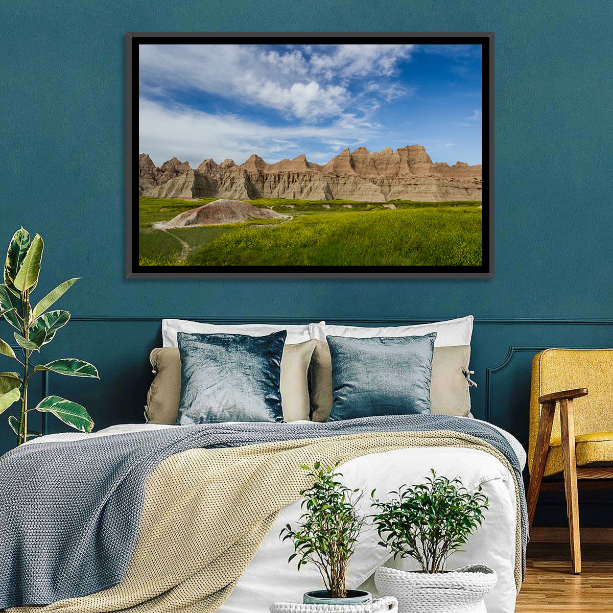 Badlands Meadow and Rock Formations Wall Art in a room, landscape