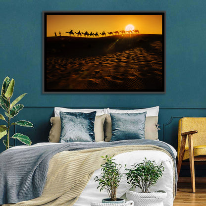 Camel Caravan Silhouette at Golden Sunset Wall Art