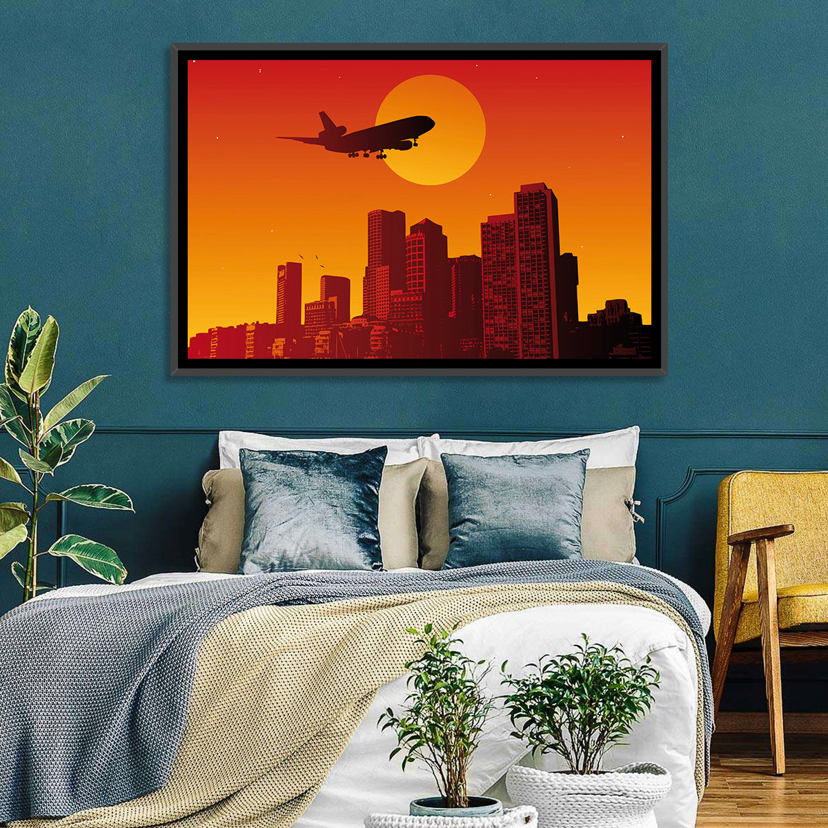Tri Jet Sunset Skyline Wall Art in a room, landscape