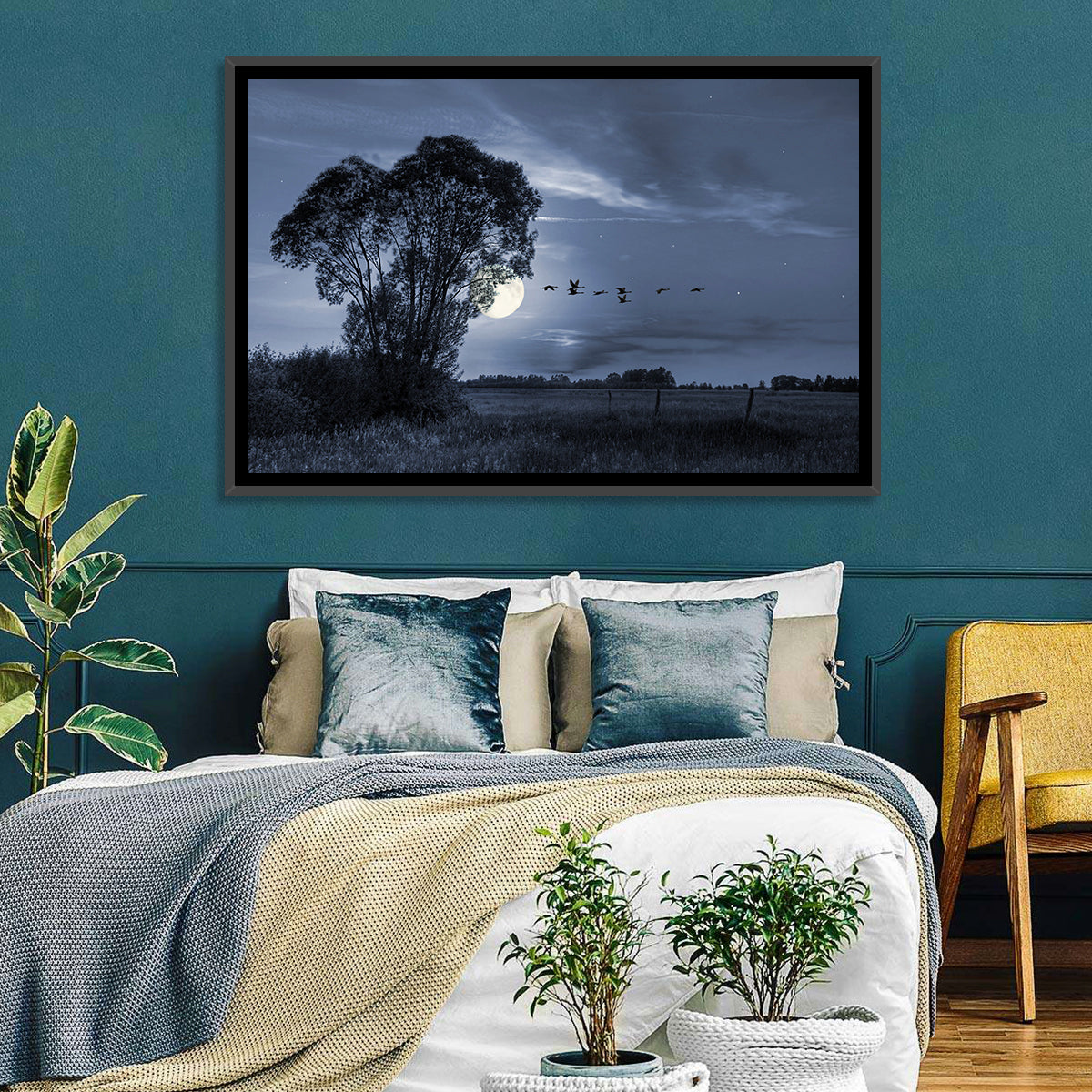 Moonlit Birds Over Quiet Field Wall Art