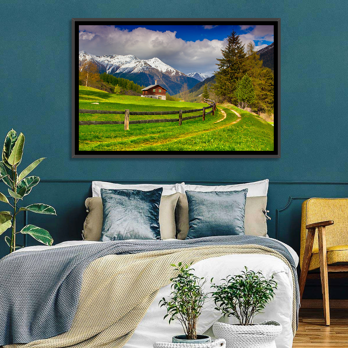 Alpine Meadow Cabin, Swiss Alps Wall Art in a room, landscape
