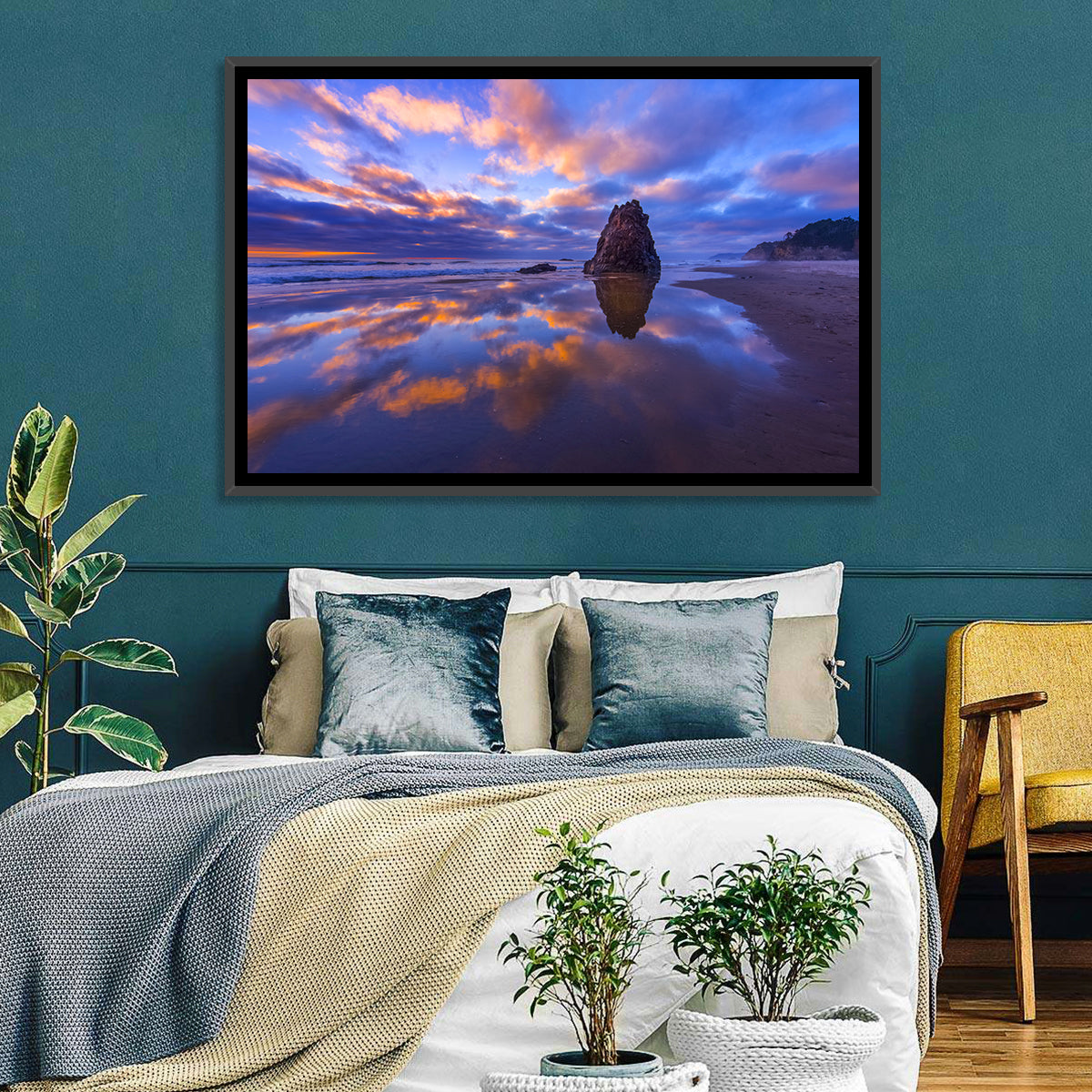 Oregon Coast Sea Stack Sunset Wall Art in a room, landscape