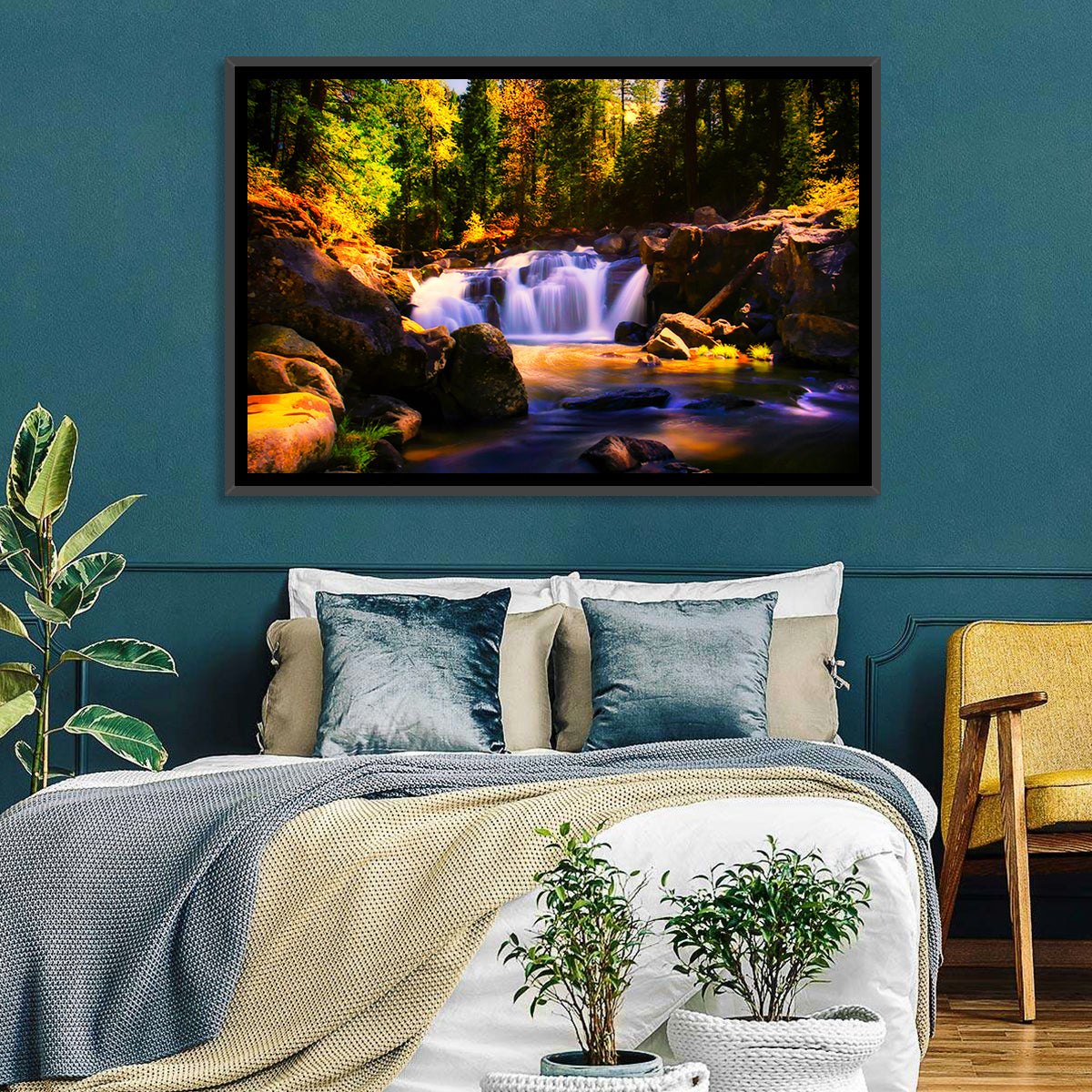 Autumn Mountain Waterfall Wall Art in a room, landscape