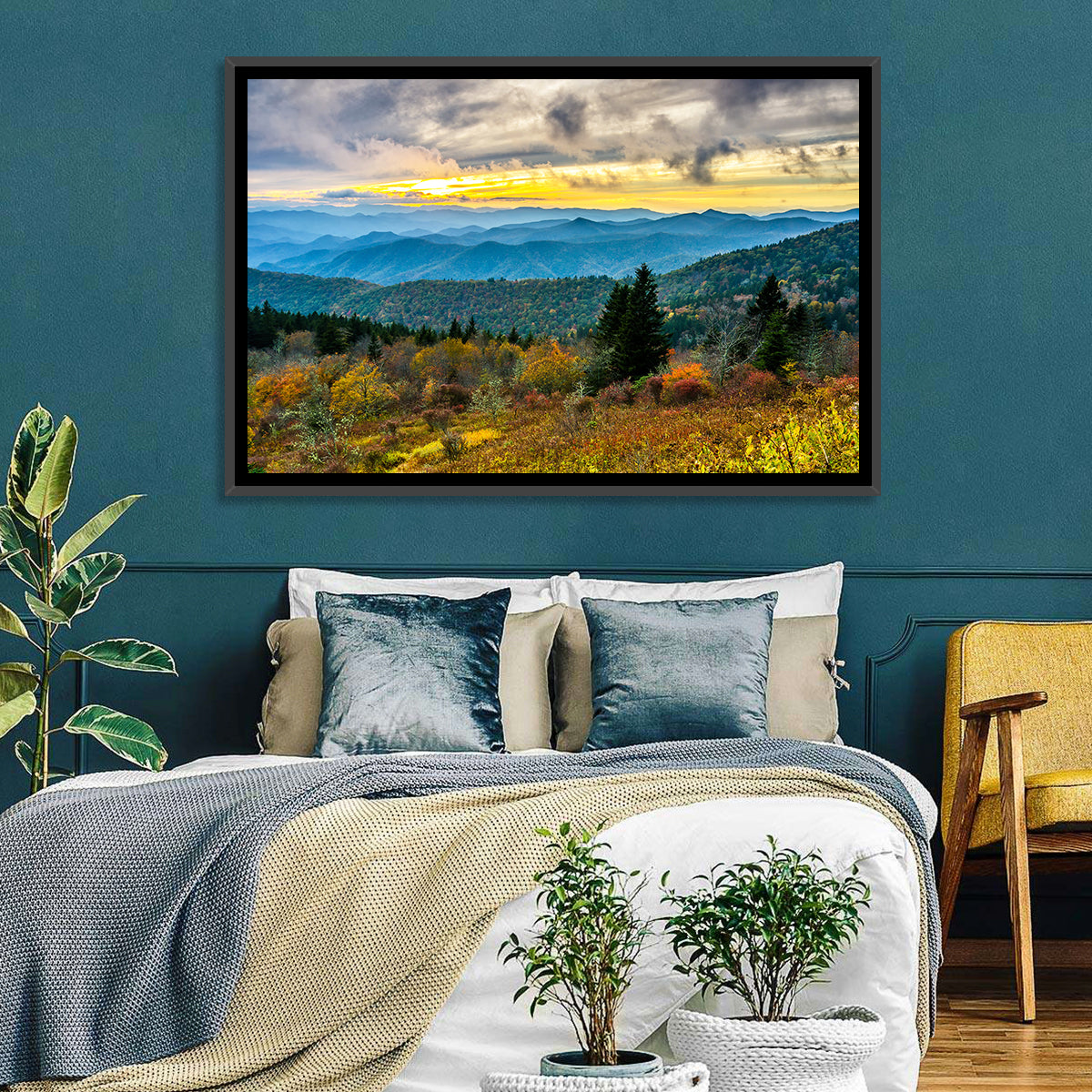 Cowee Mountains Sunset Wall Art in a room, landscape