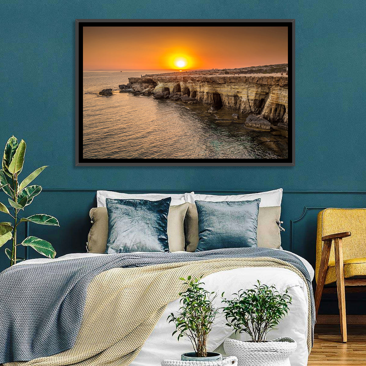 Sunset Over Sea Caves Wall Art in a room, landscape