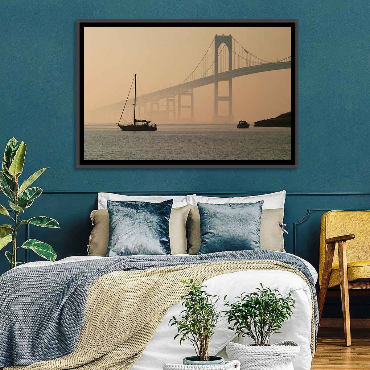 Newport Bridge in Golden Haze Wall Art in a room, landscape