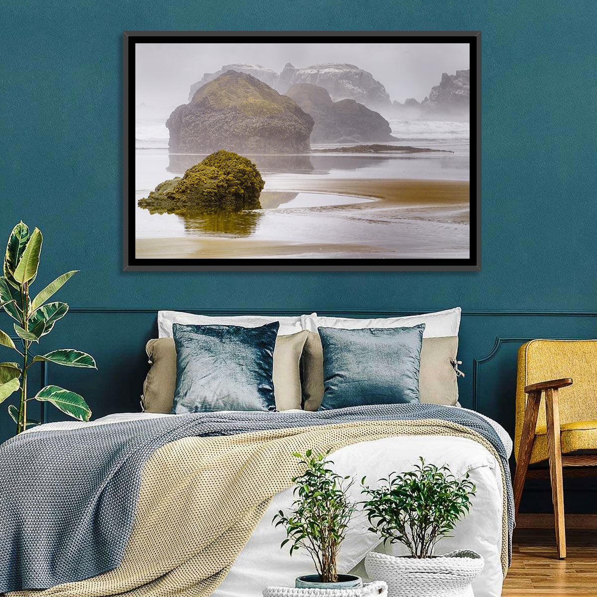 Misty Oregon Sea Stacks Wall Art in a room, landscape