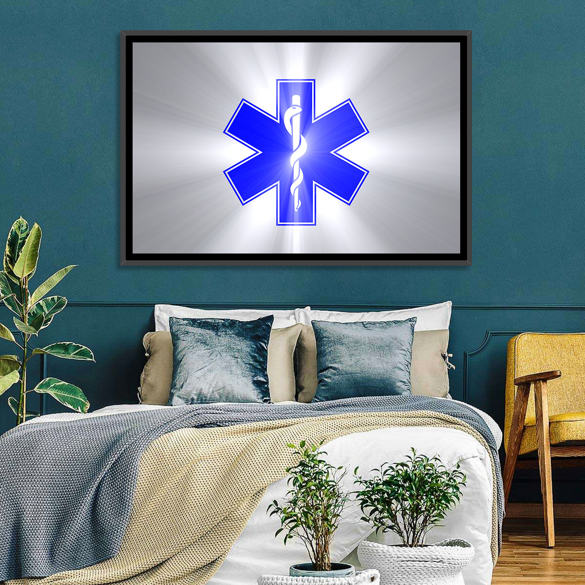 Star of Life with Rod of Asclepius Wall Art in a room, landscape