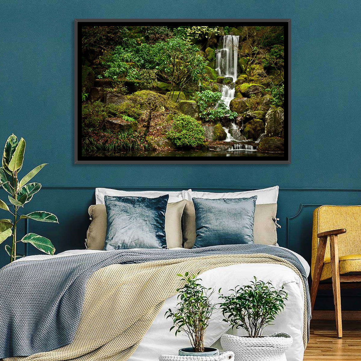 Secluded Mossy Waterfall Wall Art in a room, landscape