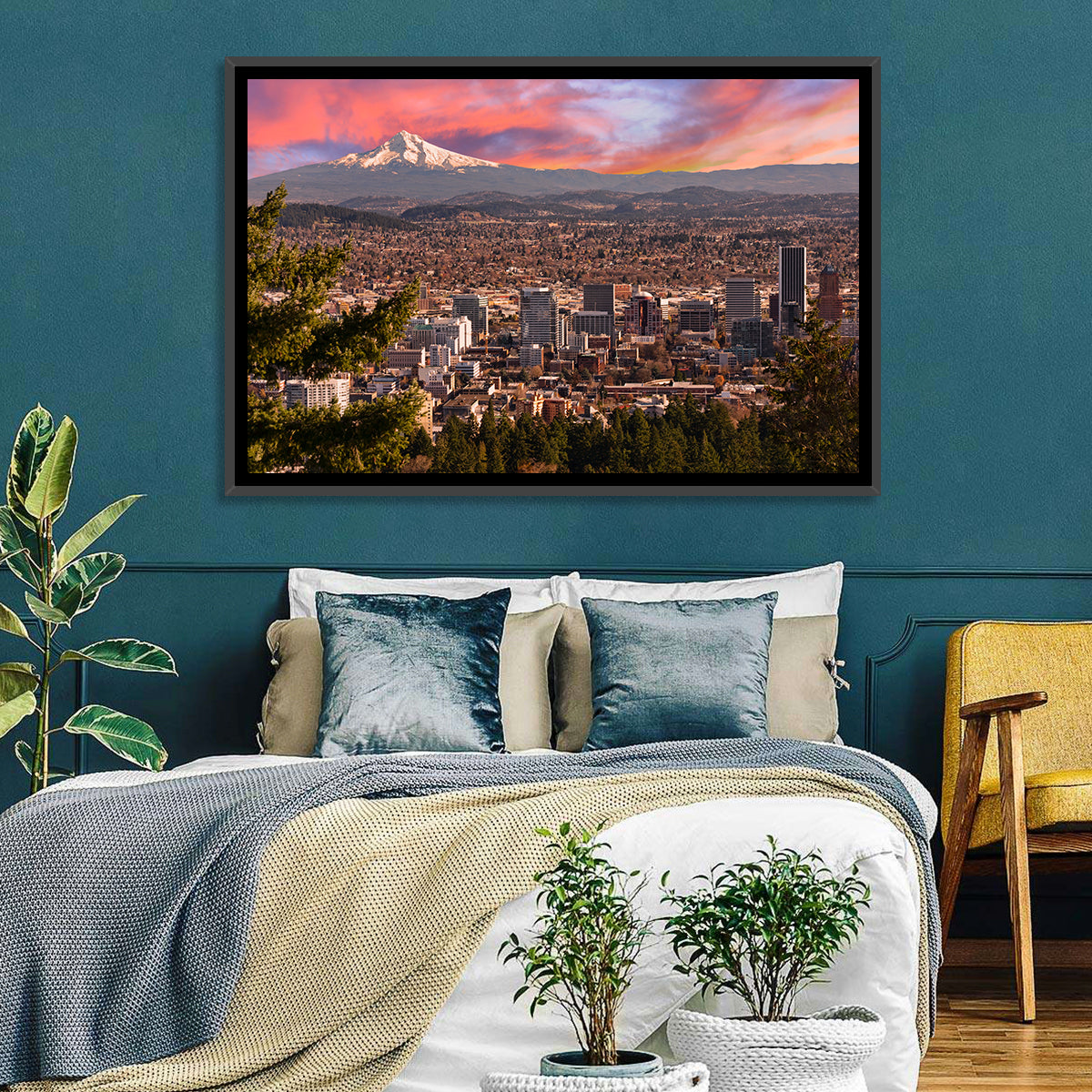 Portland Skyline at Sunset Wall Art in a room, landscape