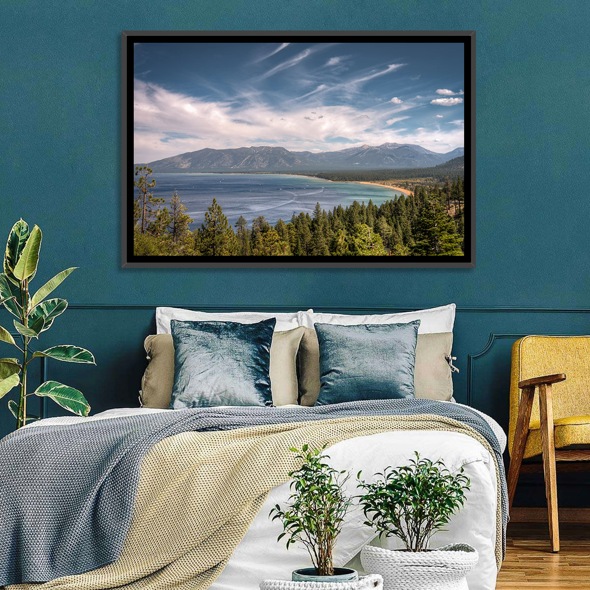 Pines Above a Blue Lake Wall Art in a room, landscape