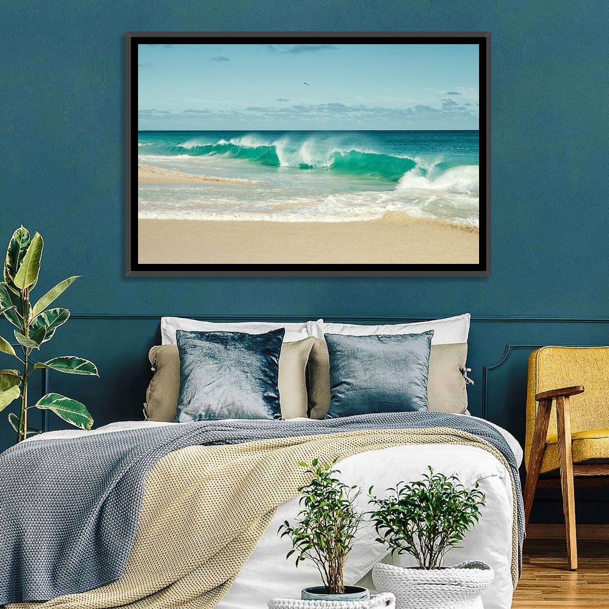 Turquoise Wave on Sandy Beach Wall Art in a room, landscape