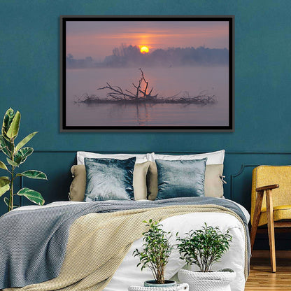 Misty Lake Sunrise with Fallen Tree Wall Art