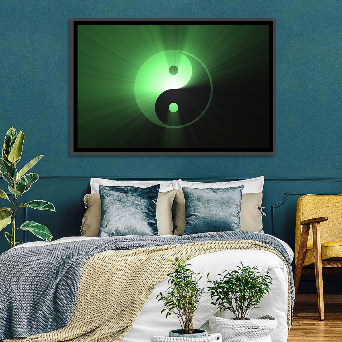 Green Glowing Yin Yang Wall Art in a room, landscape