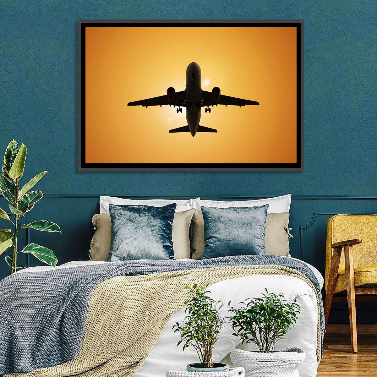 Sunset Jet Silhouette Wall Art in a room, landscape