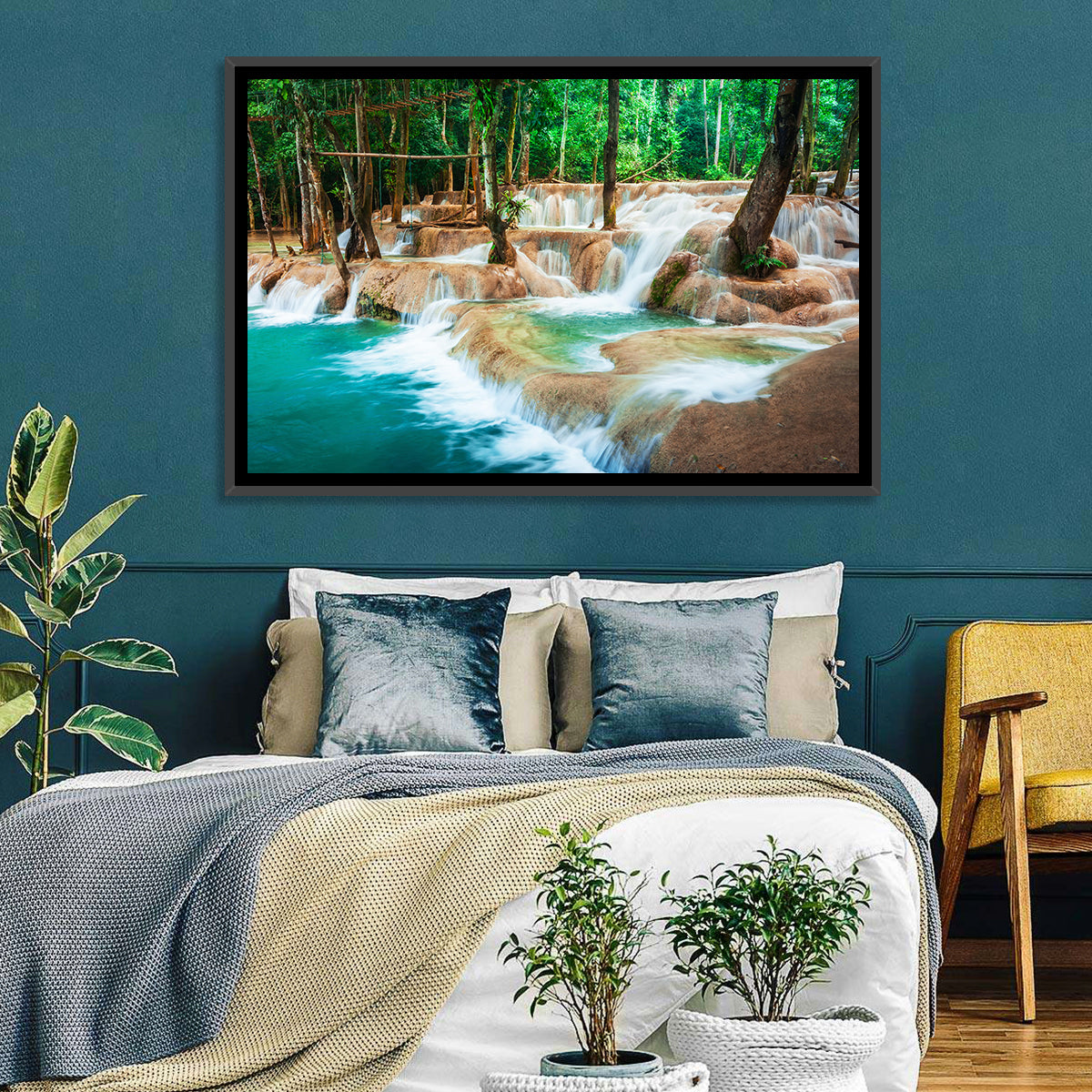 Kuang Si Waterfall Wall Art in a room, landscape