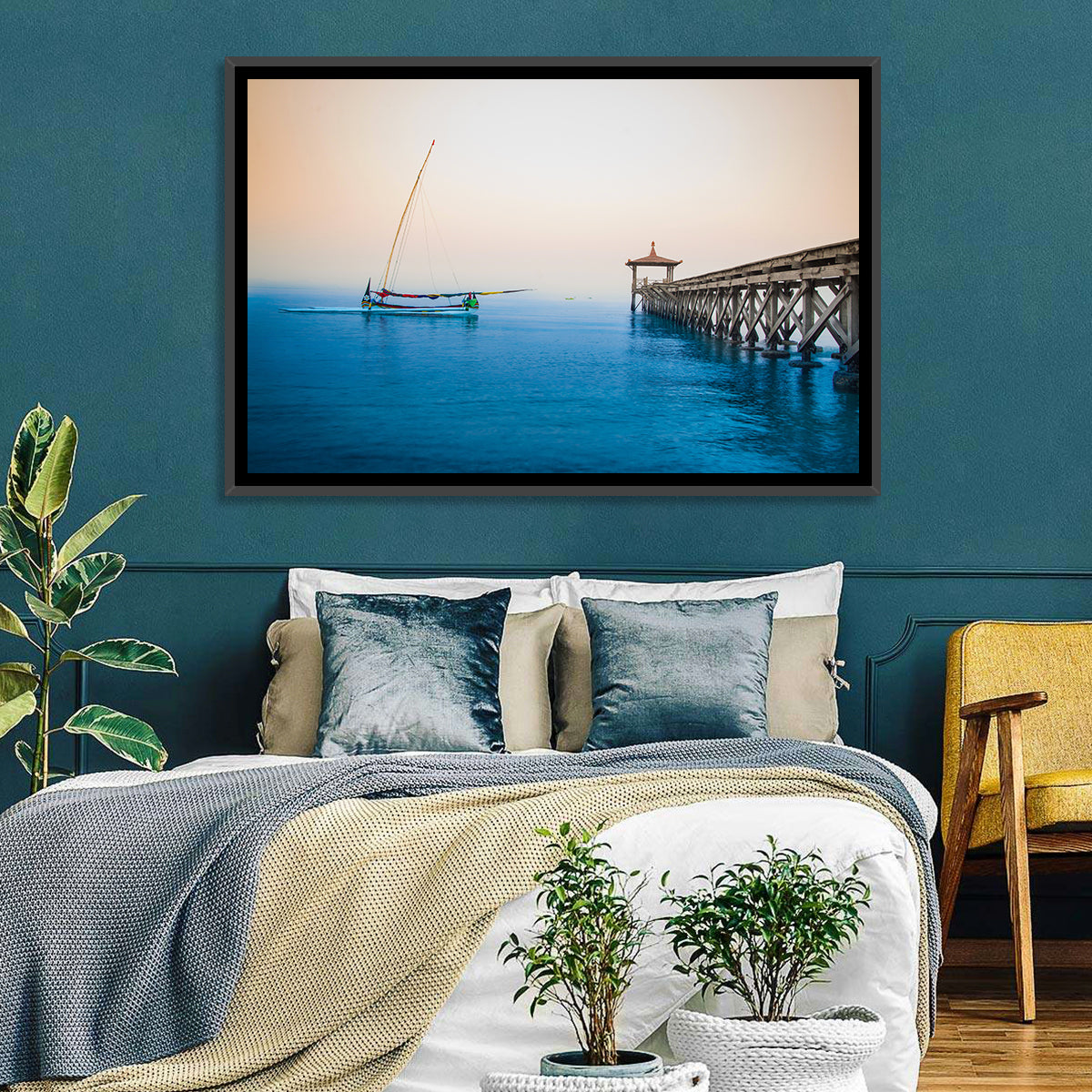 Outrigger Boat and Pier Wall Art in a room, landscape