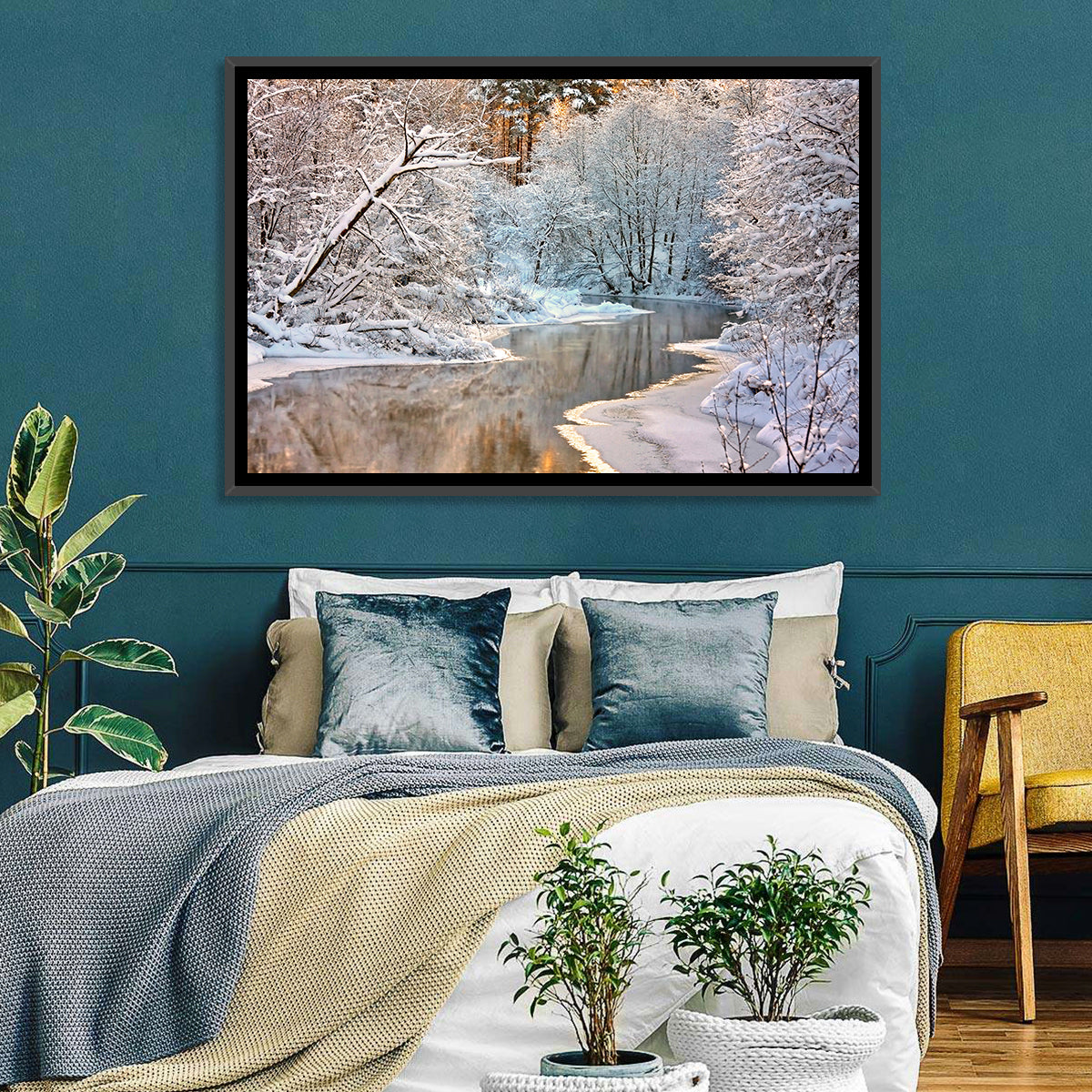Snow-covered Stream at Golden Hour Wall Art in a room, landscape