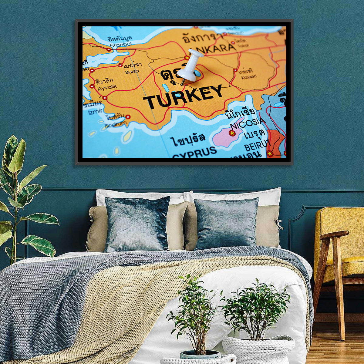 Turkey Map with Ankara Pin Wall Art in a room, landscape