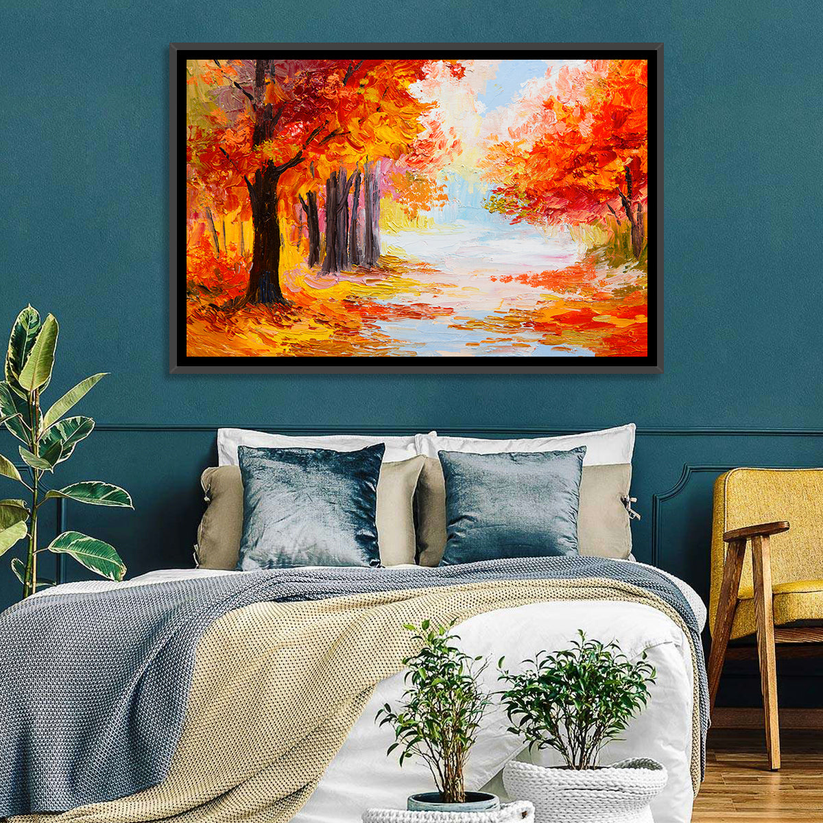 Autumn Forest Pathway Wall Art in a room, landscape