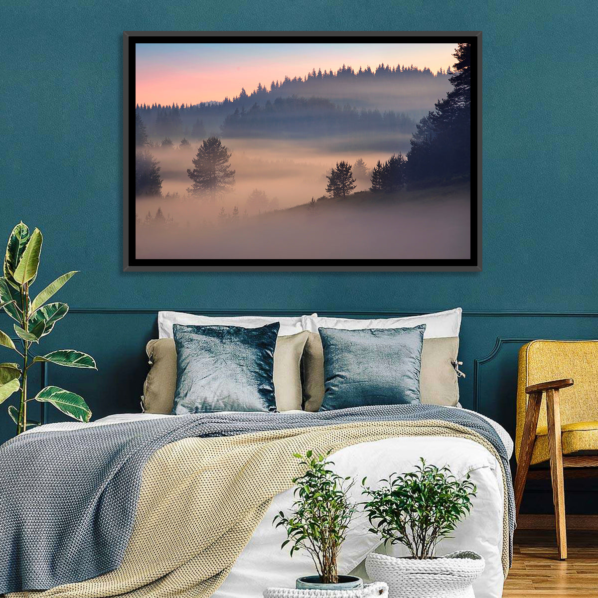 Misty Sunrise Forest Wall Art in a room, landscape