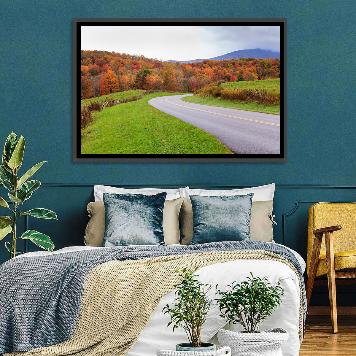 Curving Road Through Autumn Meadow Wall Art in a room, landscape