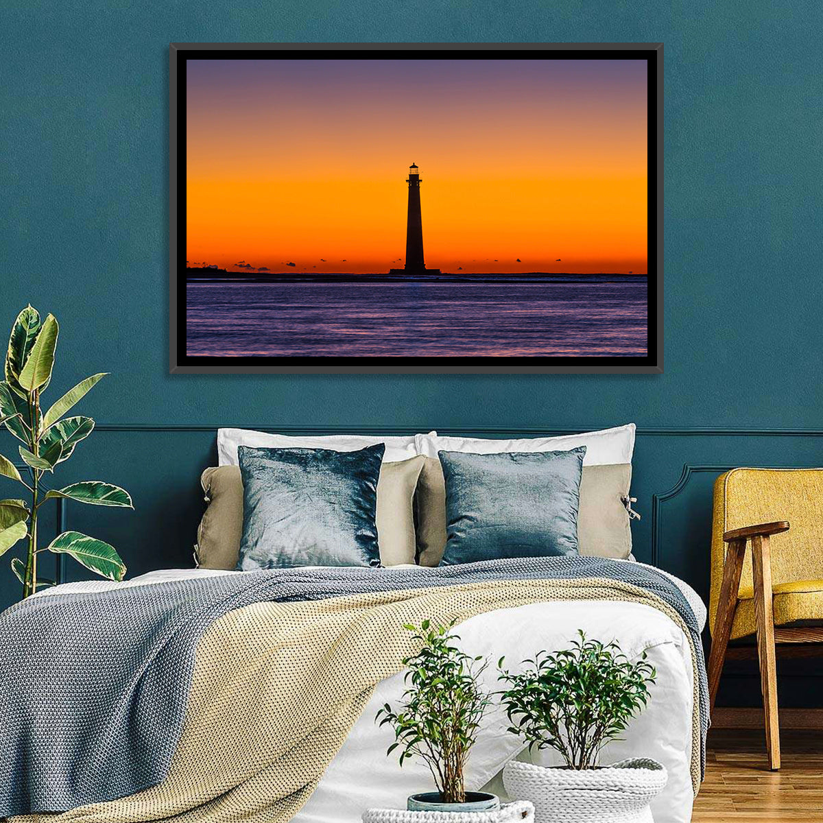 Minimalist Lighthouse Silhouette at Twilight Wall Art in a room, landscape