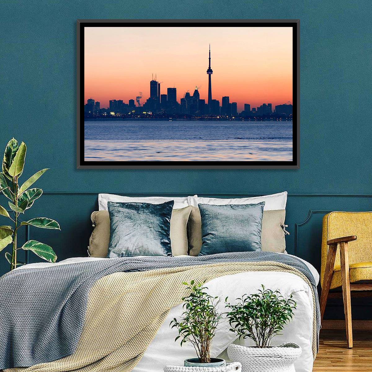 Toronto Dusk Skyline with Cn Tower Wall Art in a room, landscape