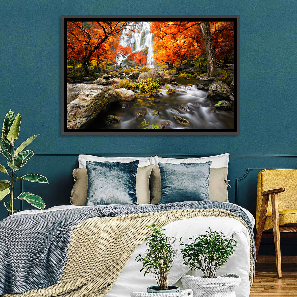 Autumn Forest Waterfall Wall Art in a room, landscape