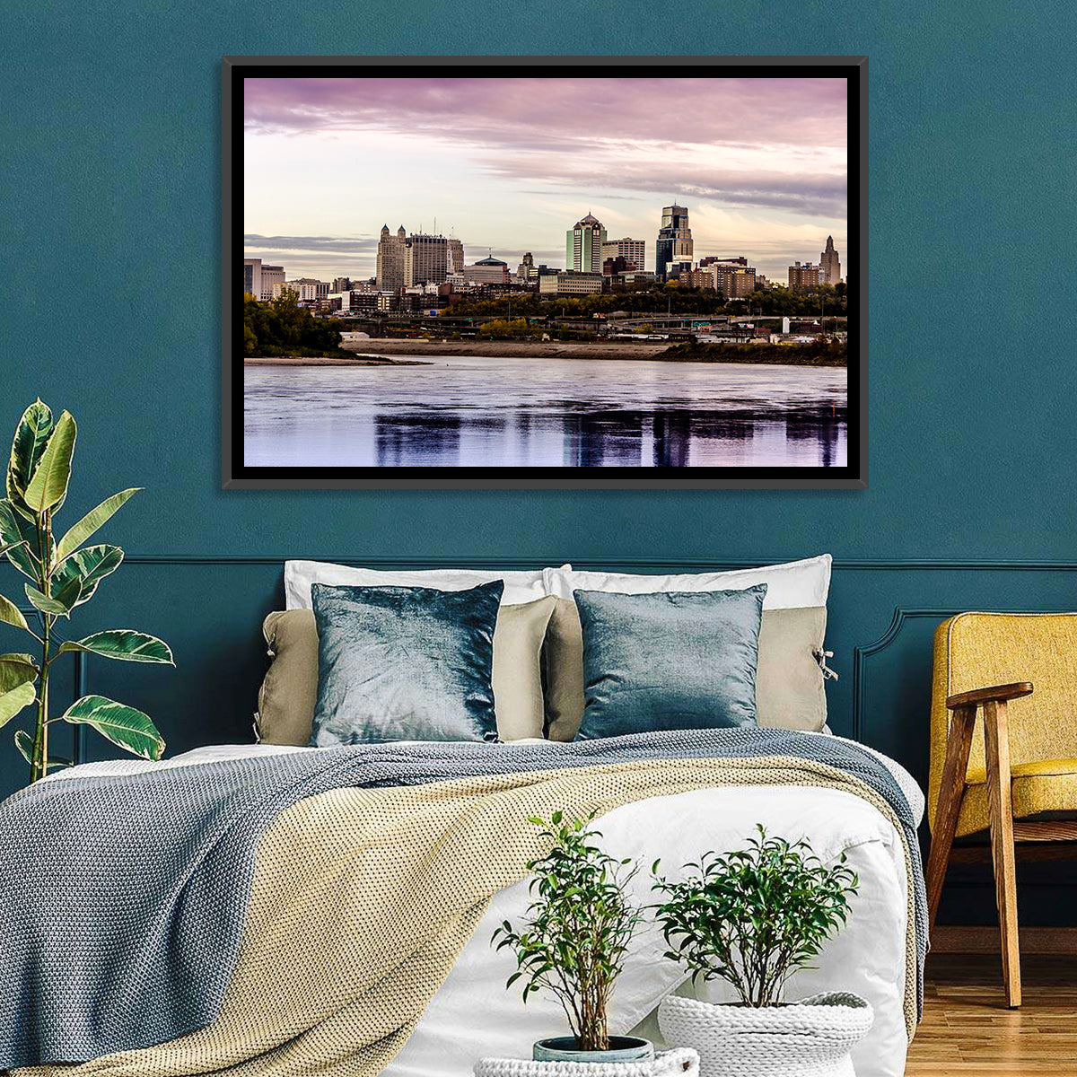 Kansas City Skyline at Dusk Wall Art in a room, landscape