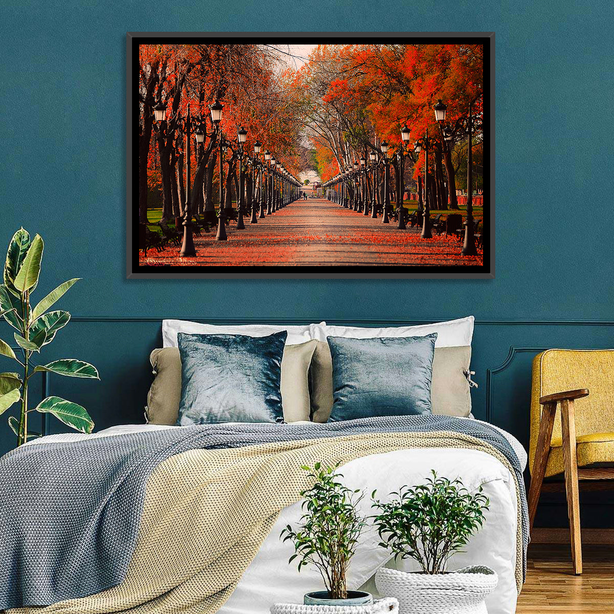 Autumn Park Path with Vintage Lampposts Wall Art in a room, landscape