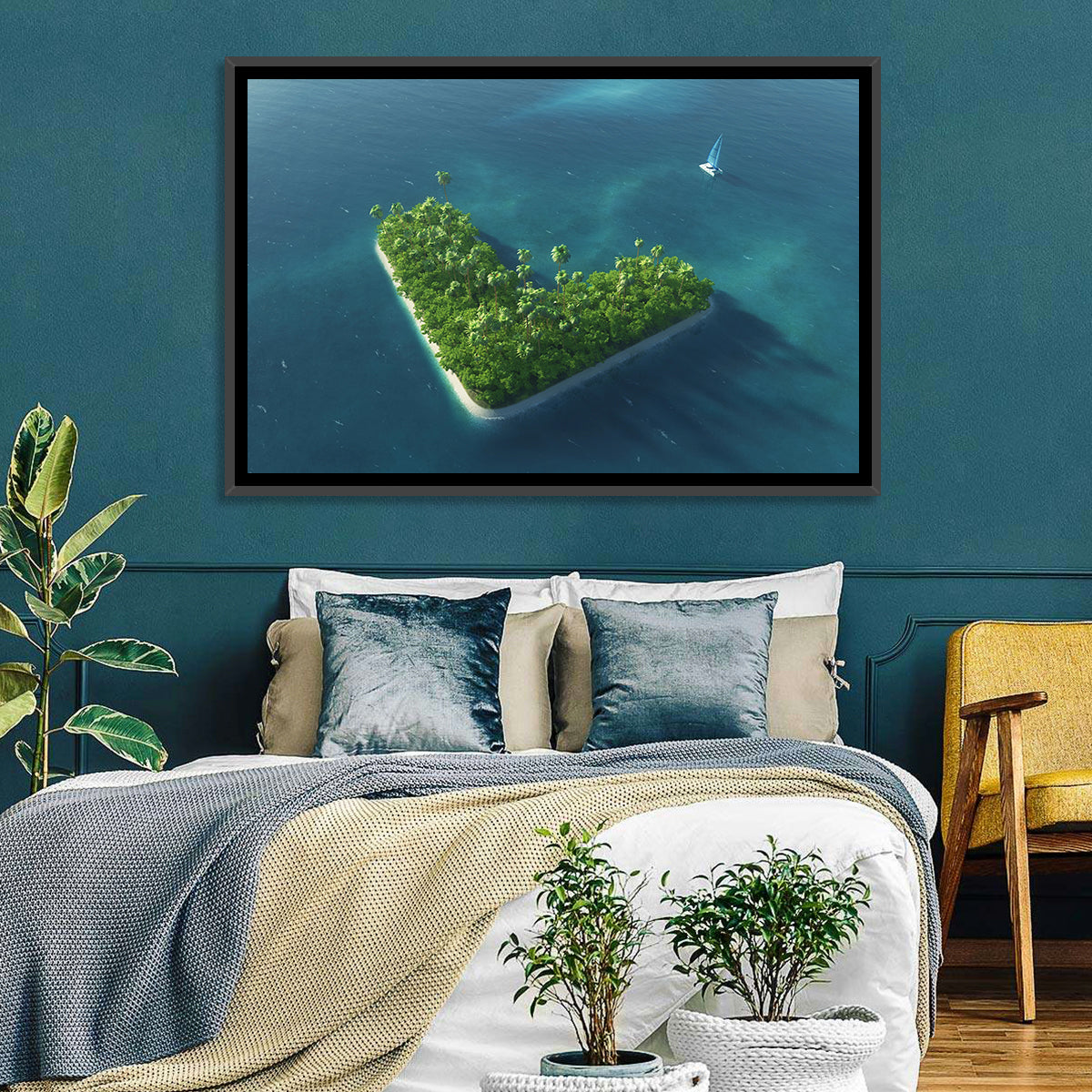 V-shaped Tropical Island with Distant Catamaran Wall Art